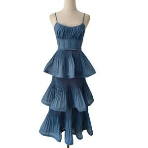 Tiered pleated voile midi dress US 4